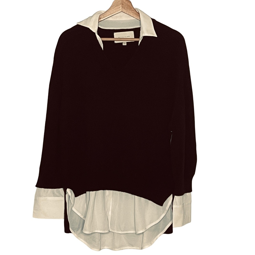 Brochu Walker Looker V-Neck Wool Cashmere Layered Sweater Shirt Black‎ Large